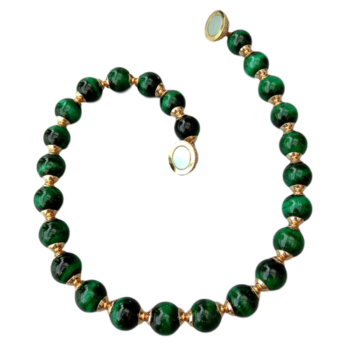 14mm Green Tigers Eye Smooth Round Necklace 18.5" Cz pave Clasp - Picture 7 of 7