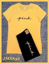 Victoria's Secret Pink SS Tee Shirt + Bike Shorts Set Maize Yellow Black L XL