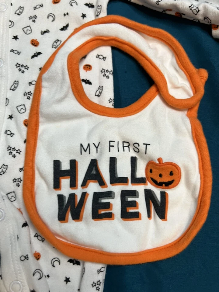 Baby First Halloween Outfit /bib Carter's One Piece Sleeper footies NEWBORN - Image 2 of 4