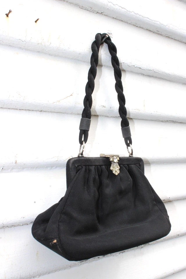 Bolso clutch de noche vintage negro con cierre de detalle de estrás Art Deco Foto 4 de 4