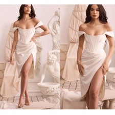 HOUSE OF CB 'Loretta' Ivory white Satin Off Shoulder corset midi Dress size XL