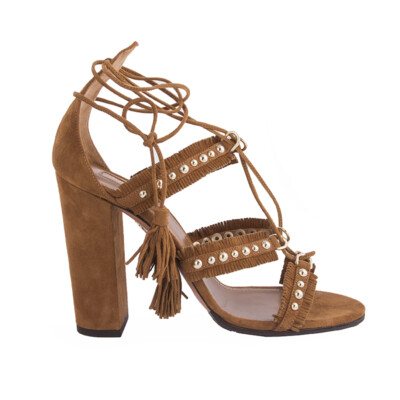 62712 auth AQUAZZURA camel brown suede TULUM FRINGE Sandals Shoes 36