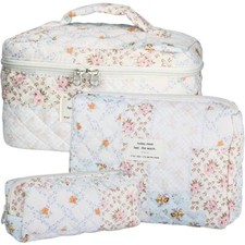 Quilted Makeup Bag Set - 3 PCS Cute Floral Cotton Makeup Bag, Large Bee Floral