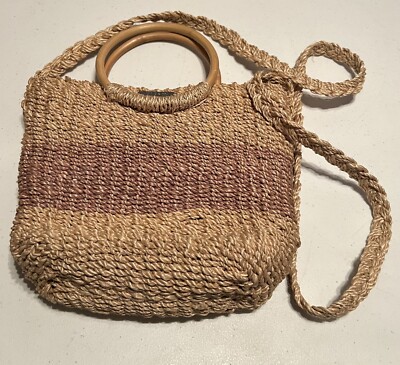 Vintage Esprit Basket Purse Woven Wicker Crossbody Wood Handle Bag Tote 9 x9 x4 