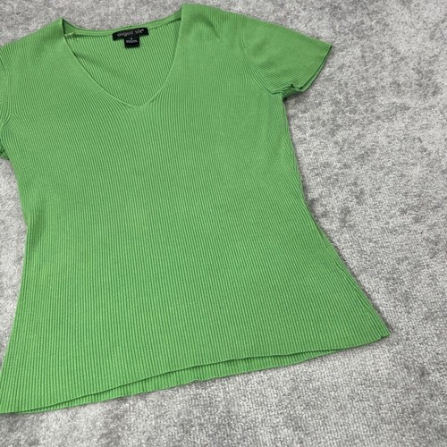 Y2K August Silk Ribbed Top Short Sleeve V Neck Stretch Knit Green Small Silk - Picture 3 of 11