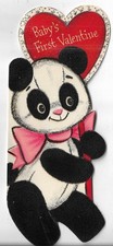 Vtg Valentine Card - 2.75x6.75 Panda Black Flocking - Baby's First Valentine