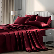 6 Pieces Queen Satin Sheets Luxury Silky Burgundy Satin Bedding Sheet Set, 1 Dee