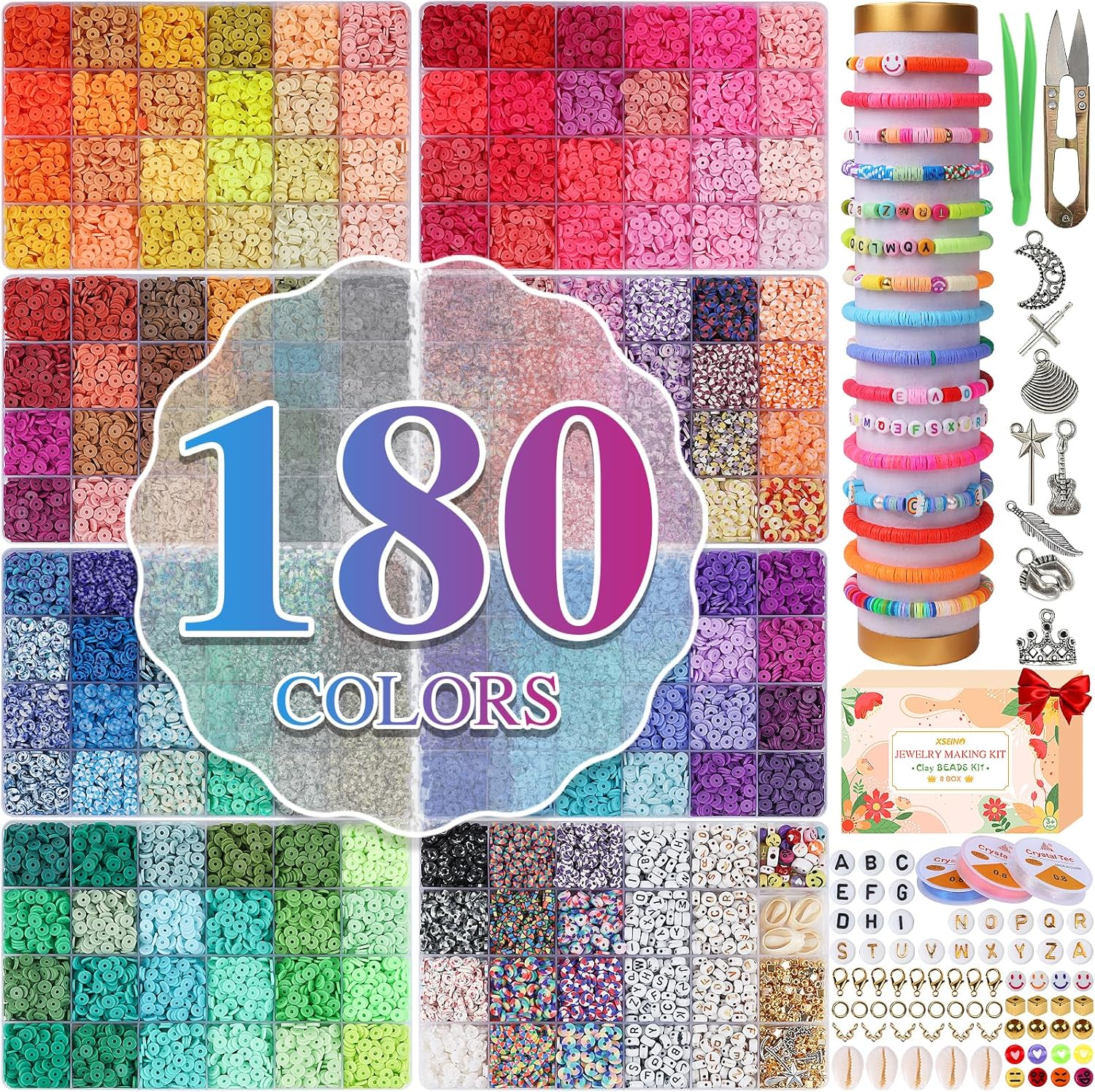 37300Pcs 180-Color Polymer Clay Beads Kit for DIY Bracelets in 8 Boxes