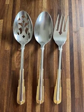 Reed & Barton Stainless ODESSA GOLD Art Deco Style Serving Set of 3 Spoon Fork