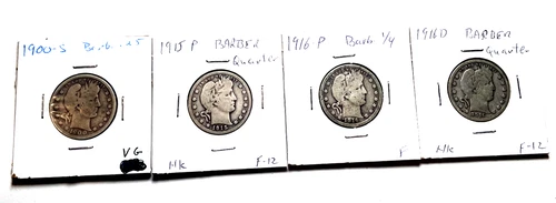 4 circulated Barber Quarters 90% Silver