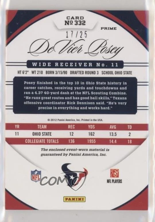 2012 Certified Freshman Fabric Mirror Gold /25 DeVier Posey #332 Rookie RC - Image 2 of 2