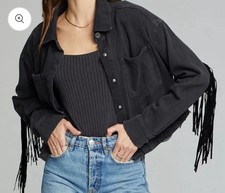 Saltwater Luxe Washed Black Jean Jacket With Fringe 100% Cotten