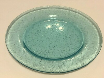 1 VTG Hand Blown Bubble Glass Studio Art Plate Platter Round Turquoise Aqua 11'' 