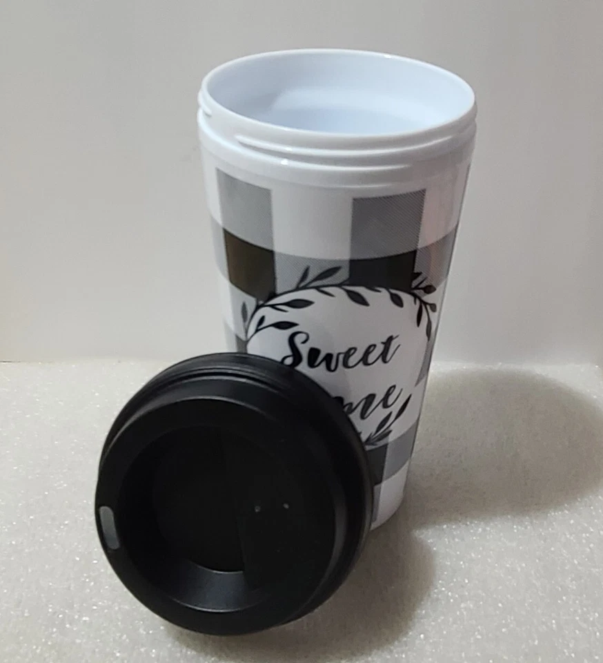 Taza/vaso de viaje Sweet Home café/agua blanco y negro con tapa. Foto 3 de 3