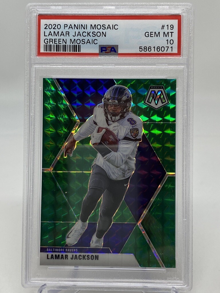 2020 Panini Mosaic #19 Lamar Jackson Green Mosaic - PSA 10 view 9