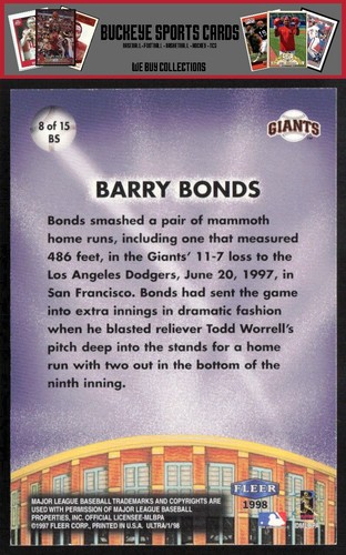 1998 Fleer Ultra - Big Shots Big Shots Barry Bonds #8BS - Picture 2 of 2