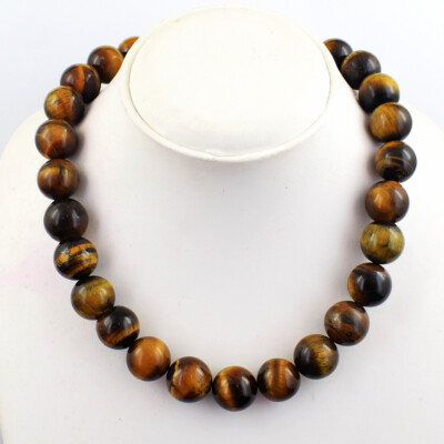 918 Cts Natural Golden Tiger Eye Round Shape Beads Womens Necklace JK 09E373
