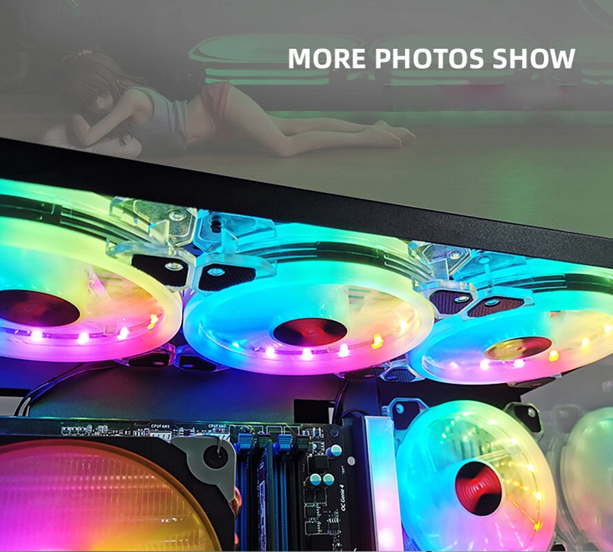 3-Pack RGB Fan PC Case Cooling 120mm Transparent Frame 12-Colors LED RF Remote - Image 4 of 4