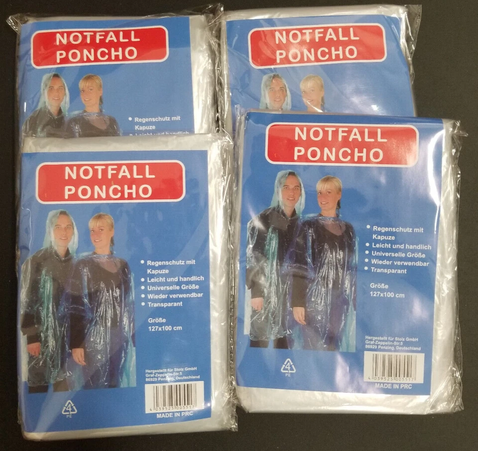 4 Stück Notfall Regenponchos , Transparent, wiederverwendbar dünn mit Kapuze