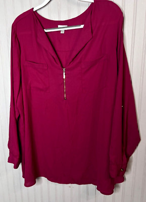 Avenue Womens TOP 22 24 Burgandy Red Career V-Neck Gold Zip Date Night