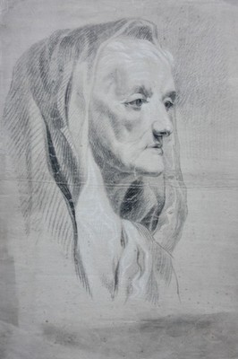 Head study of an old woman with headscarf (St. Anna?), black and white chalk