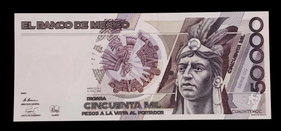 🇲🇽  1990 Mexico 50000 Pesos Banknote, Cuauhtémoc, Aztec Warrior, Serpent, Rare - Image 2 of 3