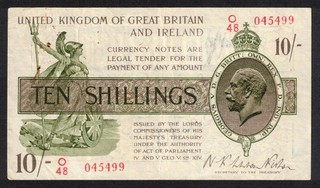 GB KGV 1922 FISHER T30 TREASURY NOTE LAST SERIES TEN SHILLINGS BANKNOTE