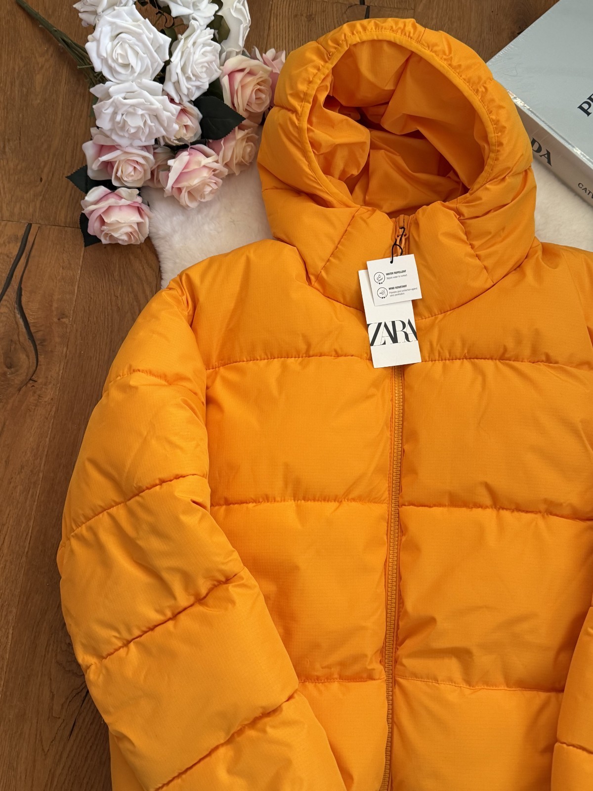 Zara Yellow Puffer jacket hooded zip water repellent Mens size L Large 6985/322 image 7