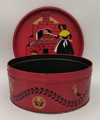 Pretzel Tin & Tray Dutch Red Vtg Farmhouse Boho Cottage Amish Storage Container 