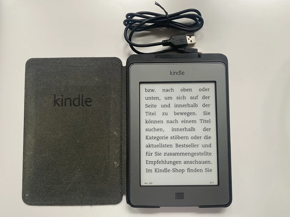 Amazon Kindle Touch (4. Gen) D01200 Wi-Fi 6Zoll | Lederhülle mit Leseleuchte