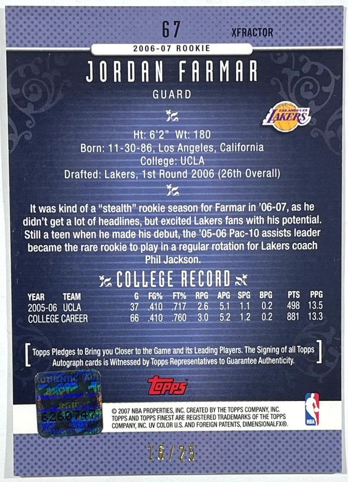 2006-07 Topps Finest Xfractor Jordan Farmar Auto RC #67 /25 Los Angeles Lakers - Image 2 of 2