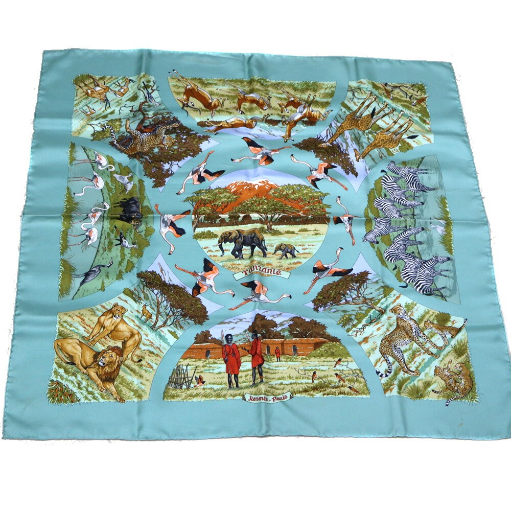 Hermes Carre 90 Tanzania Silk Scarf Light Green Used