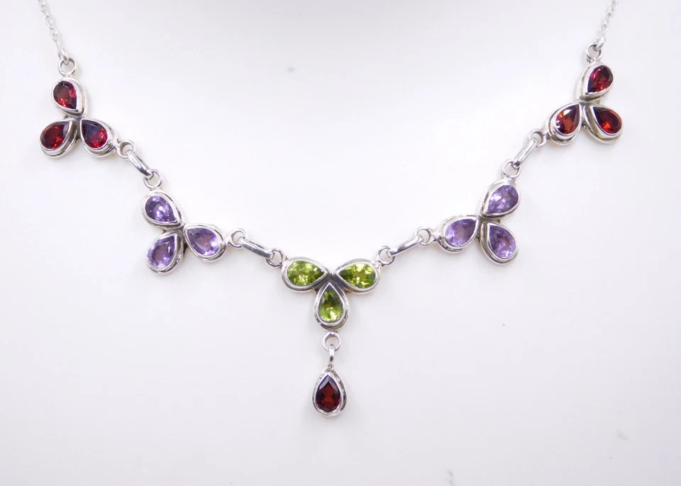 12.96 GM 925 Argento Sterling Naturale Multi Gemma Mano Collana Misura 50.8cm - Immagine 2 di 4