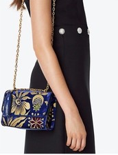 Tory Burch Blue Floral Brocade Shoulder Bag Gold Chain Strap Tassel Charm