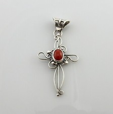 One of a Kind handmade sterling silver Italian red coral cross pendant