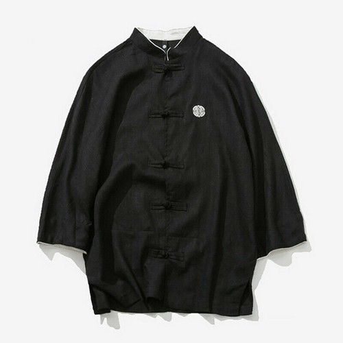 Men Linen 3/4 Sleeve Shirt Mandarin Collar Top Blouse Chinese Frog Button Retro - Picture 8 of 19