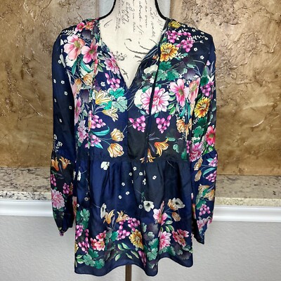 NWT Johnny Was Bursting Echo Blouse Womens Small Navy Blue Silk Floral Bohemian
