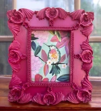 Hummingbird miniature art watercolor print in magenta vintage style ornate frame