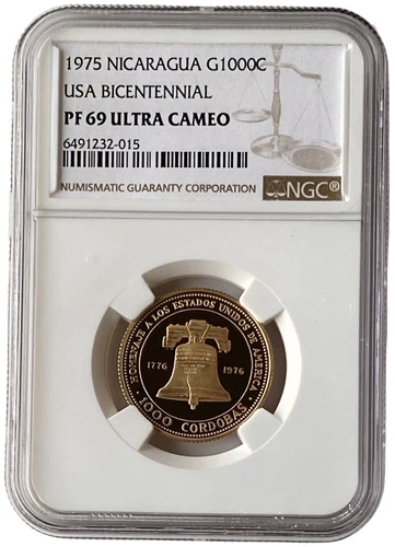 1975 Nicaragua 1000 Cordobas USA Bicentennial Gold Coin NGC PF 69 UC