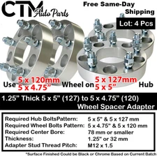 4x 1.25" Thick 5x5(5x127) to 5x4.75(5x120) Wheel Spacer Adapter Fit 12x1.5 Studs