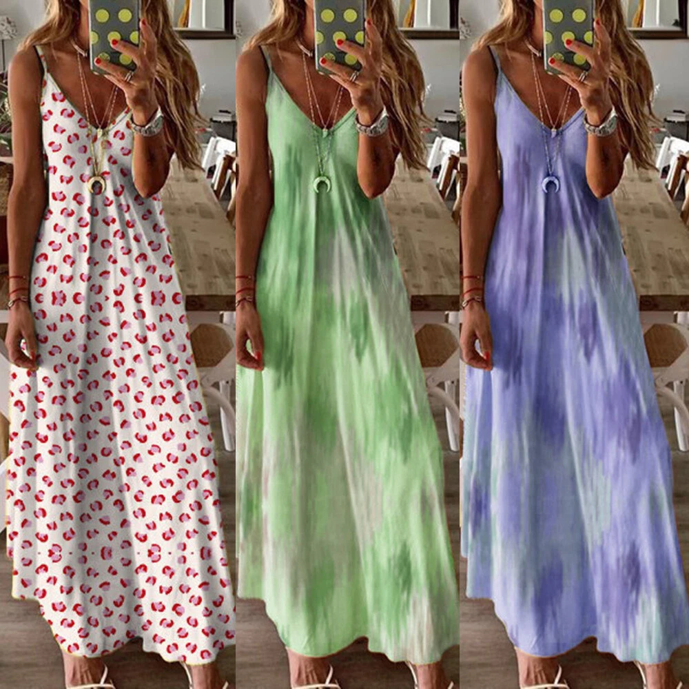 UK Women Summer Floral Long Dress Ladies Boho Beach Holiday Maxi Dress Size12 20