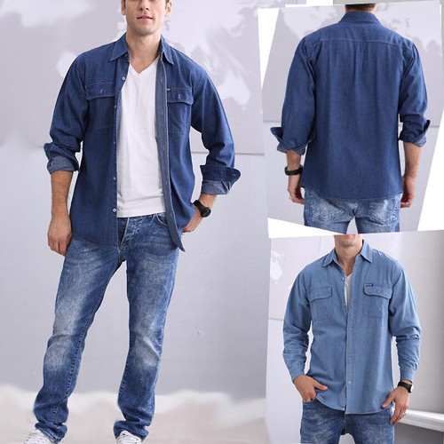 Fashion Men's Denim Jeans Shirt Casual 