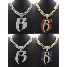 Ruff Ryder R Pendant 18" ~ 24" Iced Cubic Zirconia Cuban Chain Hip Hop Necklace