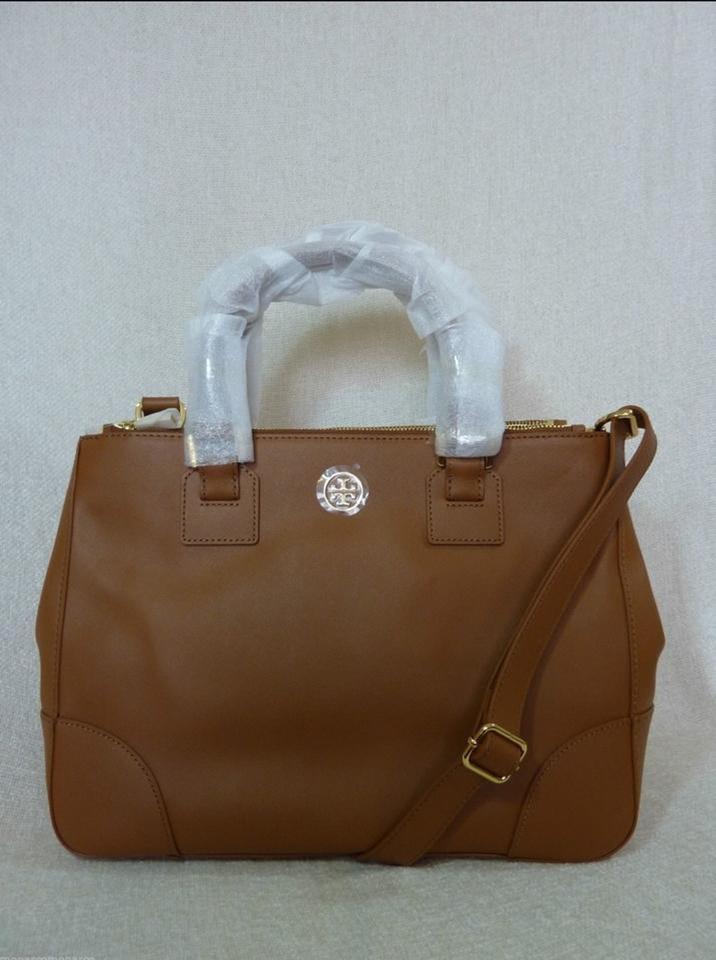 NEW Tory Burch Robinson Double-Zip Luggage Brown Saffiano Leather