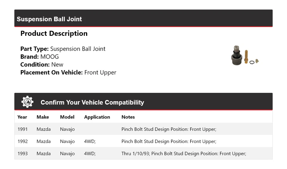 For 1991-1993 Mazda Navajo Suspension Ball Joint Front Upper MOOG 1991 1992 1993 - Image 2 of 4