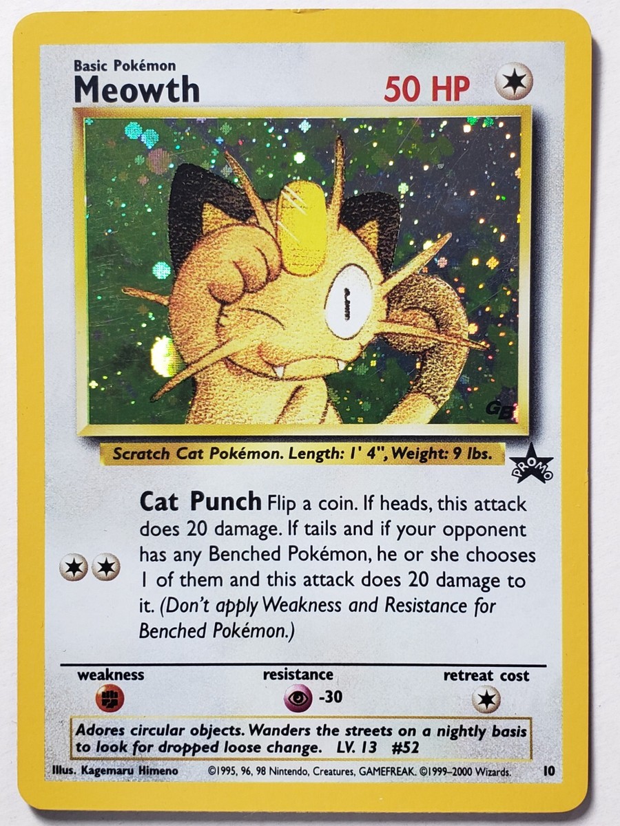 1999 meowth pokemon card value PROMO HOLO Meowth # 10 - VLP - 1999 BLACK STAR Pokemon Card Kagemaru Himeno  Art