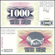 BOSNIA HERZEGOVINA 1000 (1,000)  Dinar, 1992, P-15, UNC World Currency