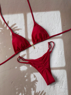 Red Wine Sexy Bikini Set - Triangle Top & Ruched Cheeky Thong