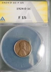 1924 D Wheat Penny. Semi-key date in Fine condition. (Anacs graded F15)