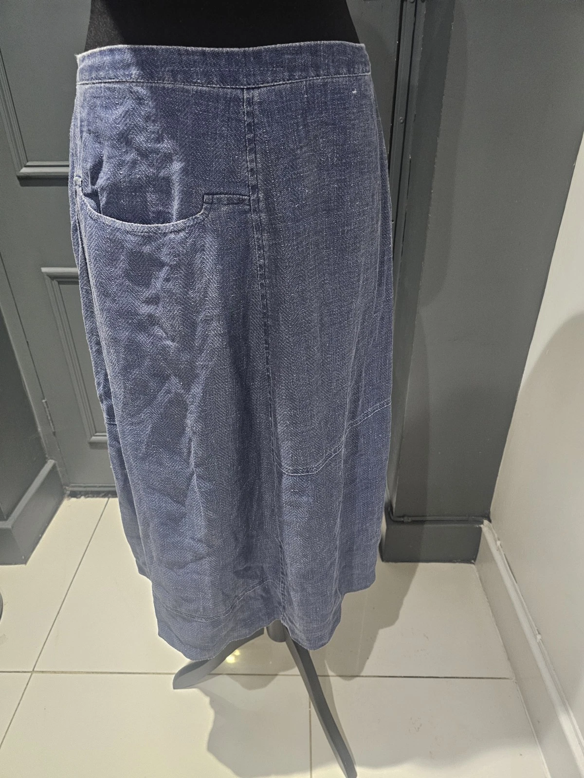Sahara Size Medium Blue 100% Linen Elasticated Waist Midi Skirt